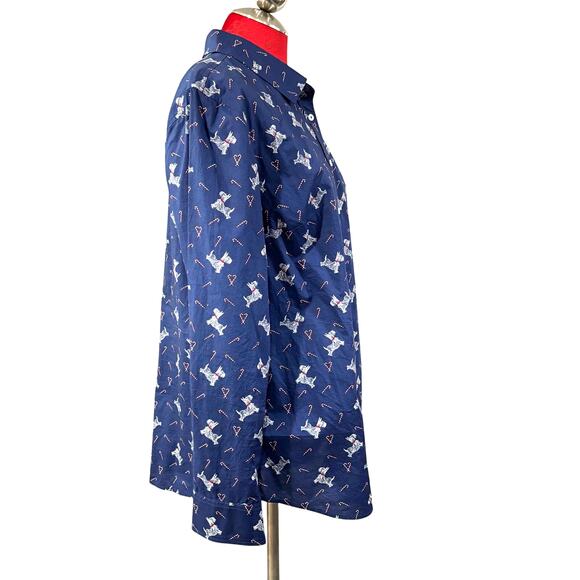 Talbots Christmas theme blouse size XL blue cotton chambray candy canes dogs - Picture 11 of 12